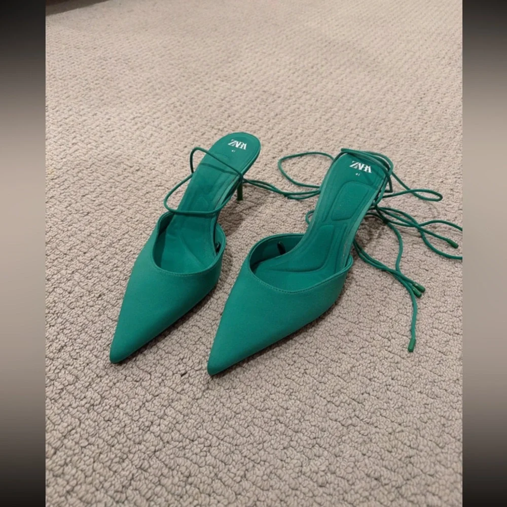 Zara Teal Pointed Lace-Up Kitten Heels - Picture 1 of 4